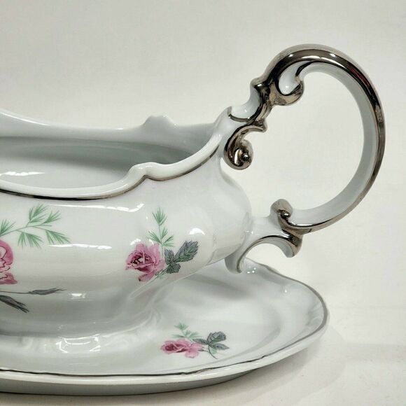 Home Arts ENCHANTED ROSE Pink Gravy Boat with Attached Underplate Germany - Picture 3 of 11